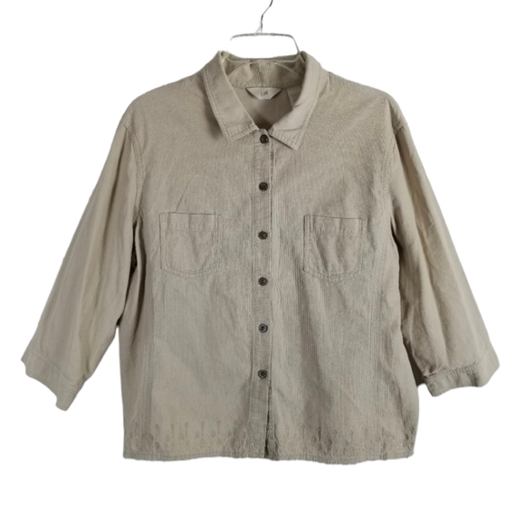 J Jill Embroidered Corduroy Button Front Shirt Lightweight 3/4 Sleeve Pockets - Picture 1 of 11